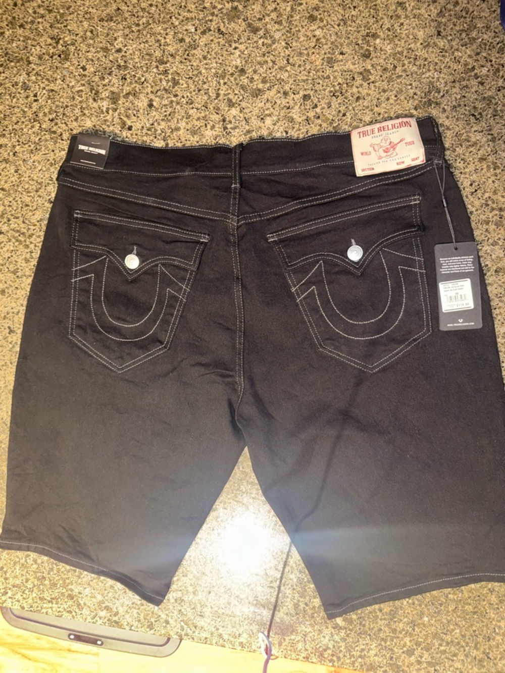 True Religion Black Denim Shorts with Signature Horseshoe Pockets